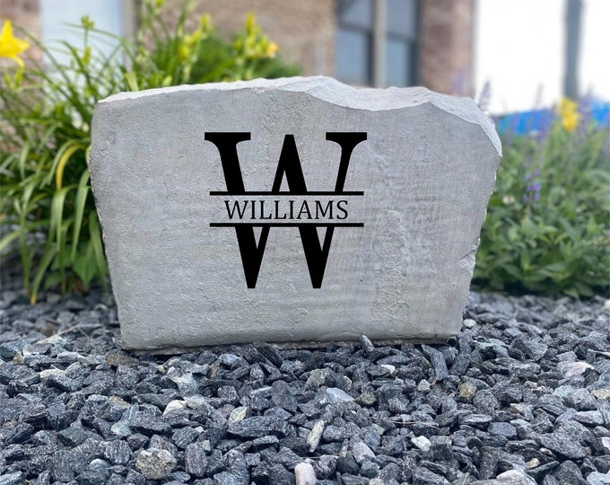 W Monogram stone, Name and Address sign- Custom engraved Address stone- engraved house rock- home and garden decor address sign 17”x11”