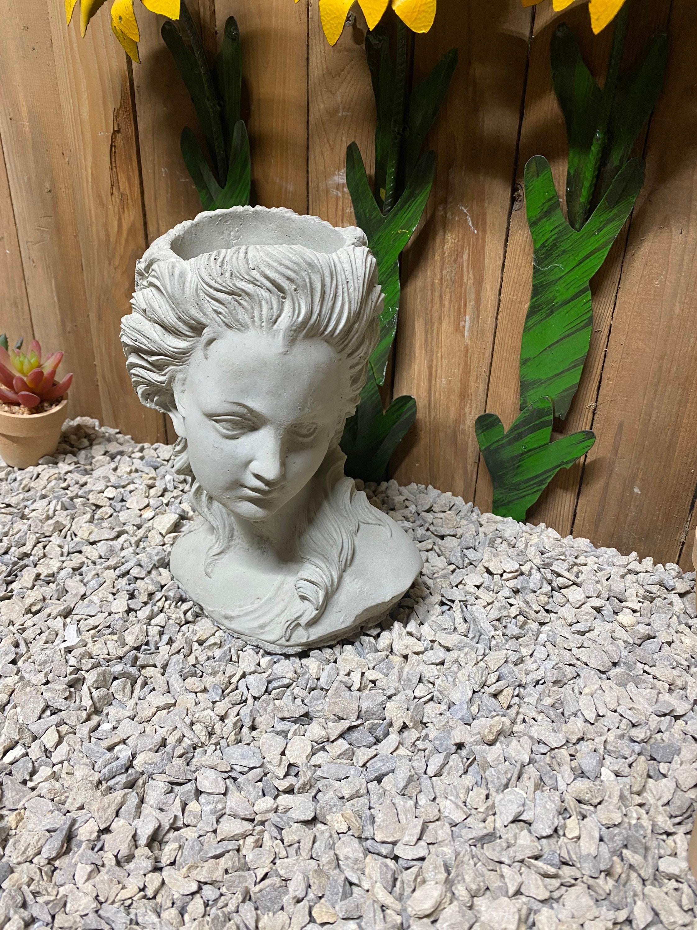 Lady head planter concrete statue indoor/ outdoor home and garden decor