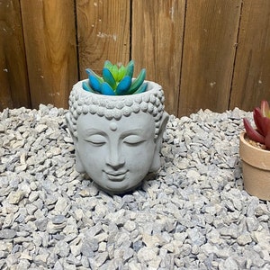 May include: A gray concrete Buddha head planter with a blue and green succulent plant inside. The planter is sitting on a bed of gray gravel.