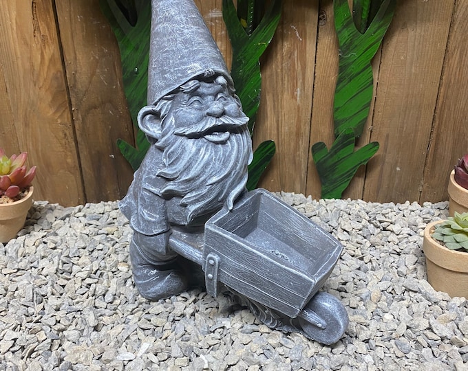 Gnome pushing wheelbarrow concrete statue indoor/ outdoor home and garden decor