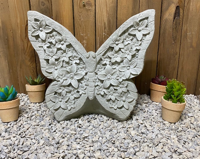 Large 24lbs butterfly concrete statue, indoor/ outdoor statue, butterfly with flowers, free shipping