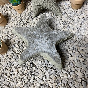 Puede incluir: Dos estrellas de mar de hormig&oacute;n gris, una grande y otra peque&ntilde;a, est&aacute;n sentadas sobre un lecho de peque&ntilde;as piedras de grava gris. La estrella de mar m&aacute;s grande est&aacute; tumbada sobre la grava, mientras que la m&aacute;s peque&ntilde;a est&aacute; de pie sobre sus puntas.