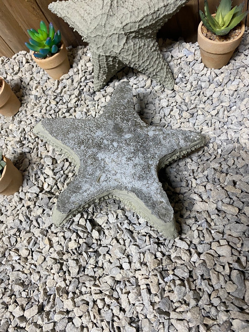 Puede incluir: Dos estrellas de mar de hormig&oacute;n gris, una grande y otra peque&ntilde;a, est&aacute;n sentadas sobre un lecho de peque&ntilde;as piedras de grava gris. La estrella de mar m&aacute;s grande est&aacute; tumbada sobre la grava, mientras que la m&aacute;s peque&ntilde;a est&aacute; de pie sobre sus puntas.