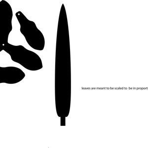 Puede incluir: Silueta en blanco y negro de una planta con cinco hojas y un tallo largo. Las hojas deben escalarse en proporción a la longitud del tallo.