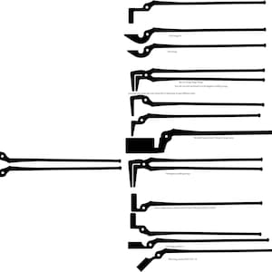 Pode incluir: Uma ilustração em preto e branco de diferentes tipos de tenazes de ferreiro. As tenazes são mostradas em várias posições, incluindo abertas, fechadas e em uso. A ilustração inclui etiquetas de texto que descrevem os diferentes tipos de tenazes.