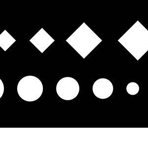 Può includere: Grafica in bianco e nero con forme bianche. La fila superiore mostra diamanti di dimensioni crescenti, mentre quella inferiore mostra cerchi. Il testo "Bolster Plate" è visibile in basso.