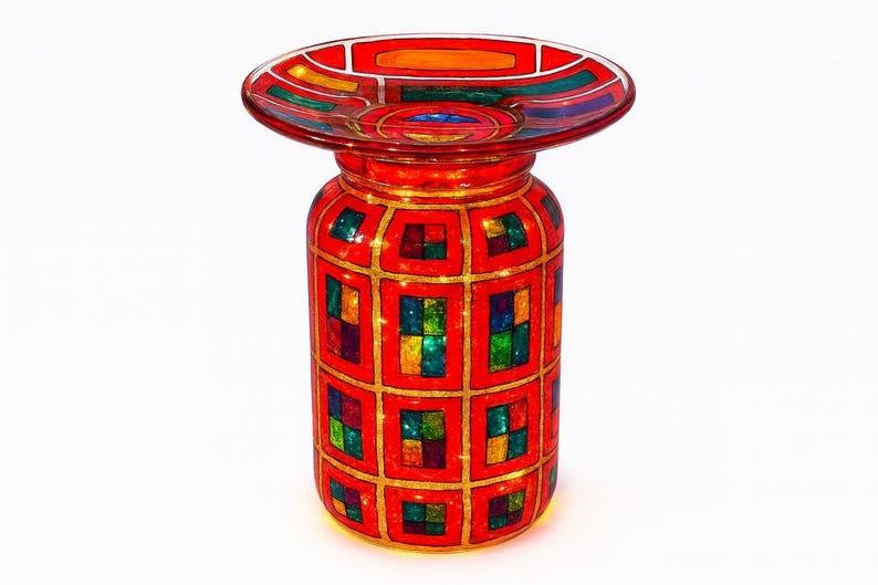 May include: A decorative red glass candle holder with a wide, shallow top and a cylindrical base. The base is adorned with a grid pattern of colorful squares, outlined in gold. The top also features a colorful design.