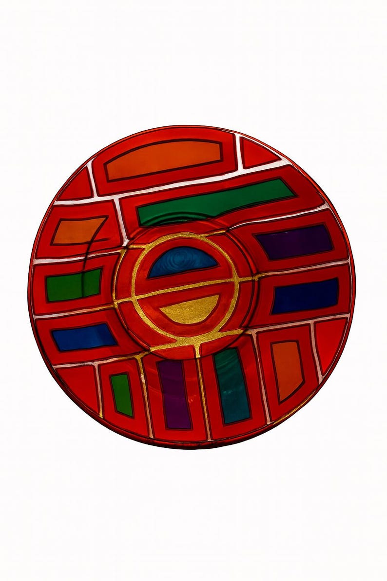 May include: A round, red decorative plate with a colorful geometric design. The plate features a central gold circle with a blue and gold inner design, surrounded by red, orange, green, blue, and purple shapes.