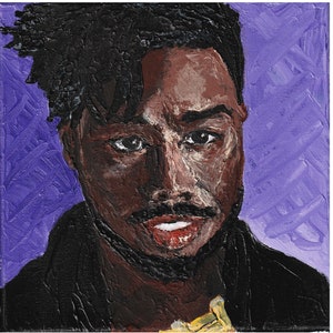 May include: A painting of a man with dark skin, black hair, and a black jacket. He is looking directly at the viewer. The background is a solid purple.
