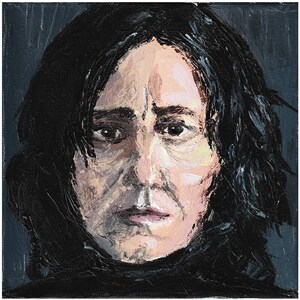 May include: A painting of a person with dark hair and a serious expression. The person is wearing a black turtleneck sweater.