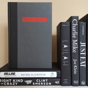 May include: A collection of books with dark covers. The titles and authors are visible on the spines, including "THE LAST MAGAZINE," "LAILAH," and "GRIST MILL ROAD." The books are arranged on a shelf, with a neutral background.