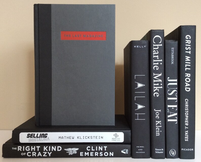 May include: A collection of books with dark covers. The titles and authors are visible on the spines, including "THE LAST MAGAZINE," "LAILAH," and "GRIST MILL ROAD." The books are arranged on a shelf, with a neutral background.