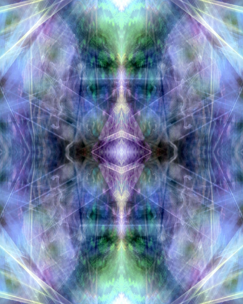 May include: Abstract digital art with a symmetrical design. The artwork features a blend of colors, including blues, purples, greens, and whites. Geometric shapes and lines create a sense of depth and movement, with a blurred, ethereal quality.