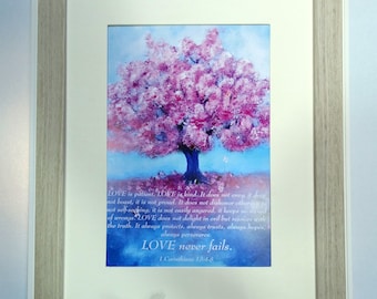 Love is Patient Art Print Wedding Anniversary Gift Scripture Art Gift Christian Gift for Her Woman Girl Pink Blossom Tree Print