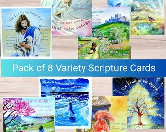 Christian Scripture Cards: Bible Verse Art, Encouragement Greetings (Set 3, 8 Pack)