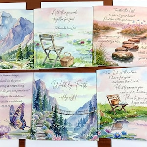 May include: A set of six square greeting cards featuring watercolor illustrations of landscapes, flowers, and butterflies. Each card displays inspirational text and scripture references, including phrases like Faith can move mountains and Walk by faith.
