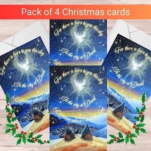 Cartões de Natal de pastores e anjos, pacote com 4 cartões de Natal, versículo bíblico religioso cristão, arte original única, cartões de Natal