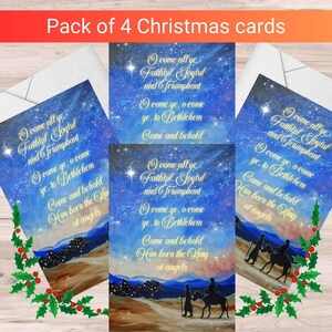 O Come All Ye Faithful 4-pack kerstkaarten kerstmis christelijk religieus bijbelvers kerstlied unieke originele kunst kerstkaarten