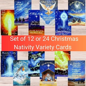 Christliche Krippe Weihnachtskarten Set mit 12 oder 24 verschiedenen Weihnachtskarten Religiöse Bibel Vers Weihnachtslied Einzigartige Originalkarten Packung
