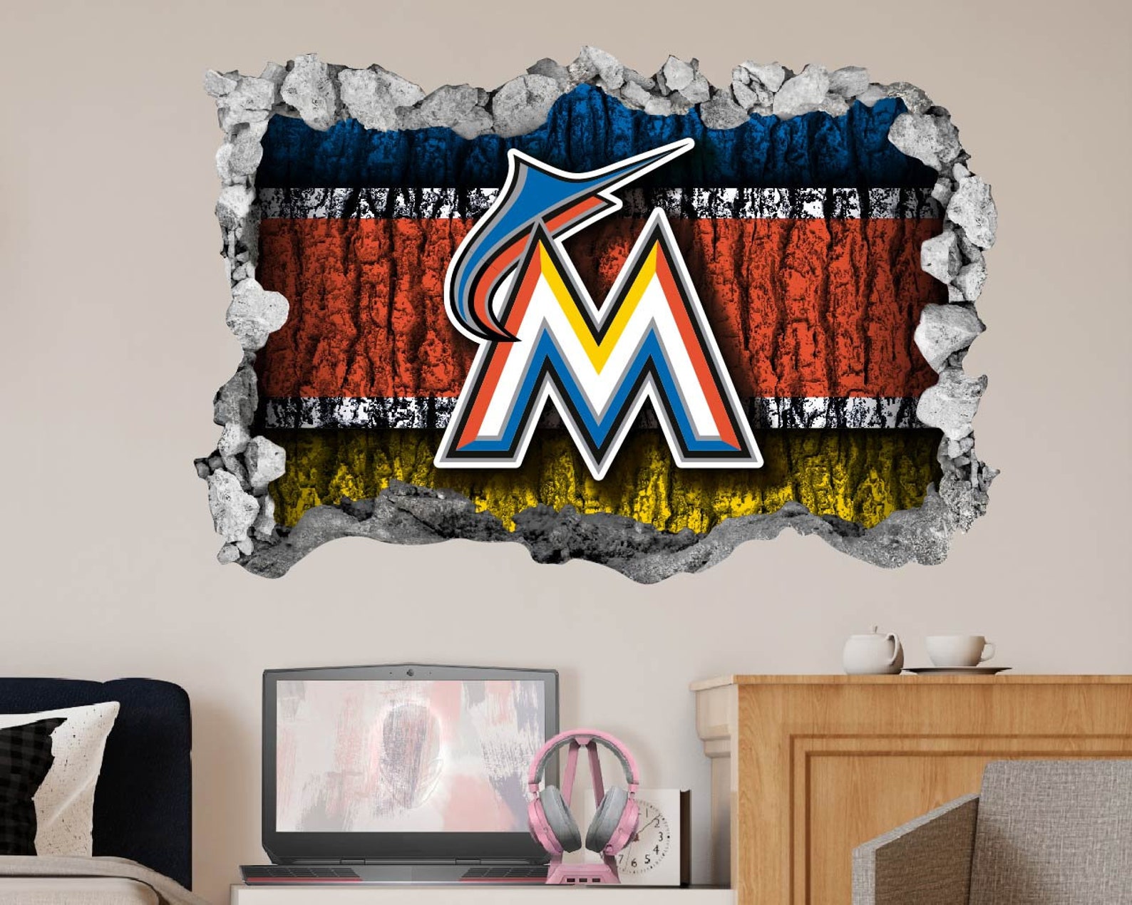 Miami Marlins Sticker Wall Decor3d Designvinyl Home Etsy