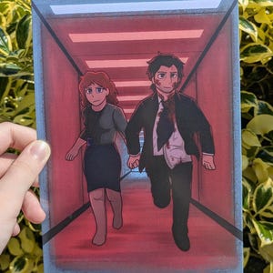 May include: An illustration depicts two figures running down a red-lit hallway. The man wears a suit and tie, with bloodstains. The woman wears a skirt and blouse. The artwork has a comic book style.