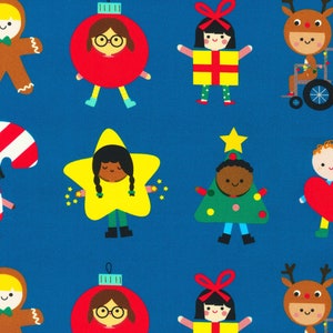 Robert Kaufman | Ann Kelle Designs Collection In Holiday | Merry Cheer Kids Blue | 100% Cotton Fabric | 44/45 inches