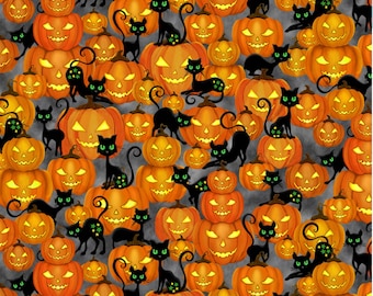 Michael Miller | Orange Pumpkin Black Cat Glow on Minky | Halloween | 58/60" inches wide Polyester  Soft Fabric
