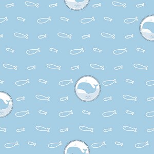 May include: Light blue background with a repeating pattern of white fish and whale illustrations. The whales are in circular frames with rope-like borders, creating a nautical theme. The design is simple and clean.