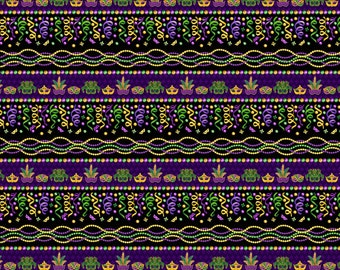 Henry Glass Fabric | Black Multi Border Stripe | Mardi Gras by Alessandra Gavin Collection In Holiday 100% Cotton | 44-45 inches wide