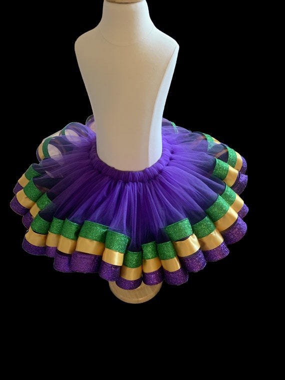 Mardi Gras Tutu, Mardi Gras 3 Layer Ribbon Trim Tutu, Purple Tulle, Green and Purple Glitter Ribbon, Gold Satin Ribbon  TUTU ONLY