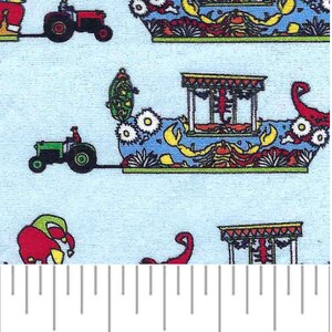 May include: A blue and white fabric with a repeating pattern of colorful boats and tractors. The boats have a yellow, green, and red design. The tractors are green and red.