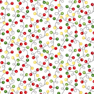 May include: A seamless pattern of red, green, and yellow Christmas lights on a white background. The lights are strung together with a silver wire.