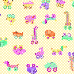 AE Nathan Comfy Flannels - Rolling toys on yellow check background - Sold by the YARD  - 100% cotton