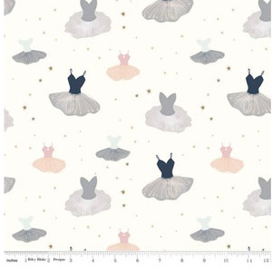 Riley Blake Designs | Spin & Twirl Dresses Cream Sparkle | Features leotards and tutus on a background of stars | Width 43/44 inches