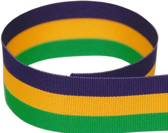 May include: Purple, gold, and green striped ribbon. This ribbon is perfect for Mardi Gras celebrations, crafts, and decorating.