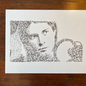 May include: A black and white portrait of a person created using a word art technique. The image is made up of many words and phrases, forming the outline of the person's face. The text includes phrases like "So thankful" and "I'm so glad I met you".