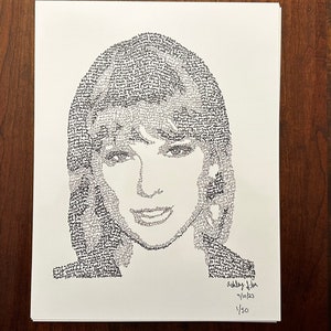 May include: A black and white line drawing of a woman's face, created using words. The drawing is signed "Ashley Shea 9/10/23 1/50".