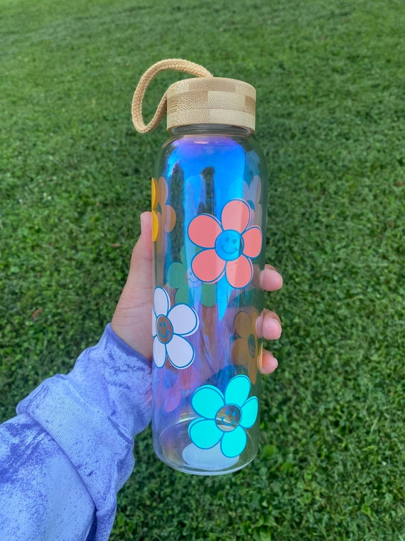 Iridescent Smiley Flower Glass Water Bottle Etsy