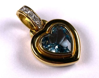 Natural Aquamarine and Diamond with Solid 18K Gold Vintage Pendant