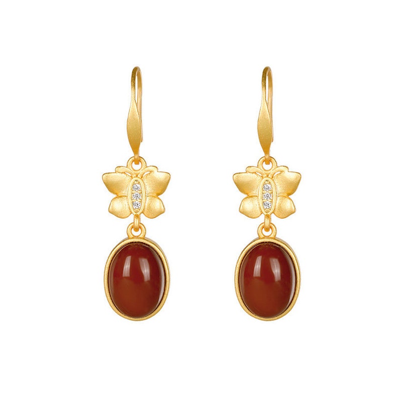 Natural White Jade Red Agate 925 Sterling Silver Gold Plating Earring