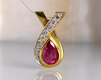 Natural Ruby and Diamond with Solid 18K Gold Vintage Pendant