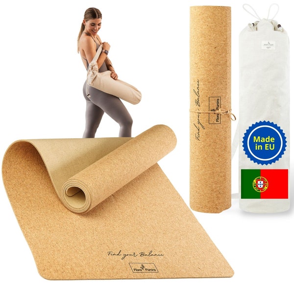 Yogamatte Kork rutschfest XXL 200 cm + Tasche Set, MADE IN Portugal: nachhaltig & schadstofffrei | extra lang 2 m + 6mm dick Gymnastikmatte