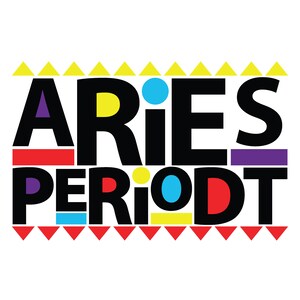 以下が含まれることがあります： 黒と白のグラフィックで、「ARIES PERIODT」というテキストが太字で書かれています。テキストは、赤、黄、青、紫など、カラフルな幾何学的な形が飾られています。