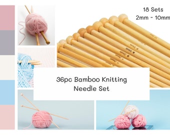 Bamboo Knitting Needle Set, 36 Piece Knitting Needle Kit, Size 2mm to 10mm, 25cm Length