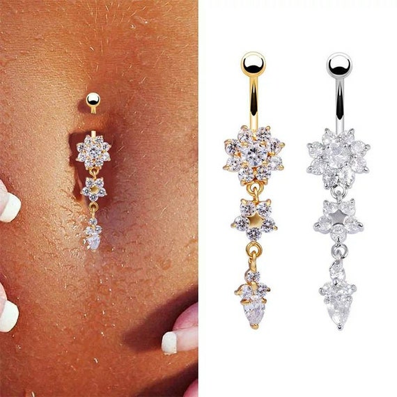 Flower Crystal Surgical Steel Dangle BELLY Button Navel bars Ring Body  Piercing