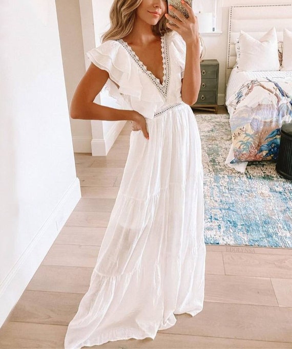 Blanco A-Line Maxi Vestido Largo Boho Estilo para -