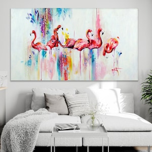 Flamingo painting on canvas, Flamingo wall art nursery, Flamingo art, Over the bed wall decor,Flamingo drawing, Pink flamingo print