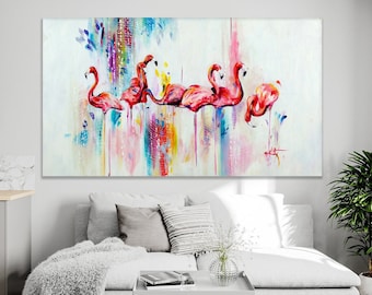 Flamingo painting on canvas, Flamingo wall art nursery, Flamingo art, Over the bed wall decor,Flamingo drawing, Pink flamingo print