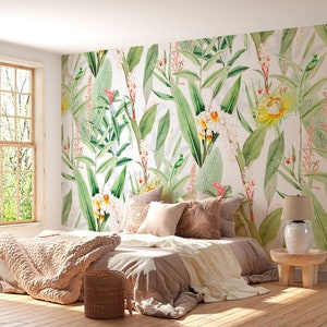 Papier peint fleurs, papier peint floral, décoration murale fleurs sauvages, grand papier peint floral, papier peint blanc avec fleurs