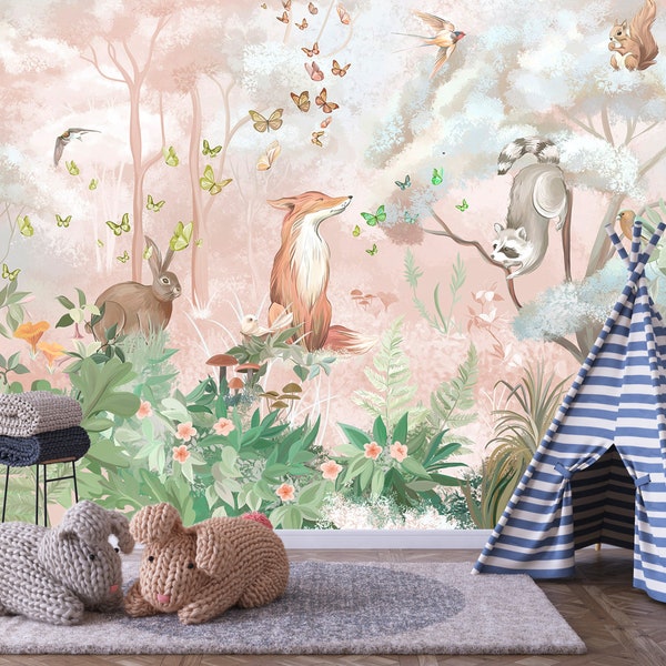 Woodland Nursery Decor, Kids Wallpaper Peel and Stick, Pink Forest Animals Wallpaper, Kid's Bedroom Wall Mural, Removable Wallpaper Kids